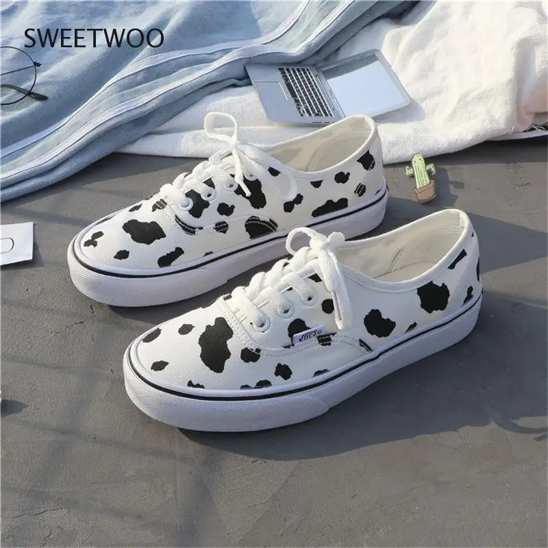 Cow Print Cute Women Sneakers Black White Canvas Shoes 2021 New Platform Flat Lace Up Tennis Shoes Casual Wild