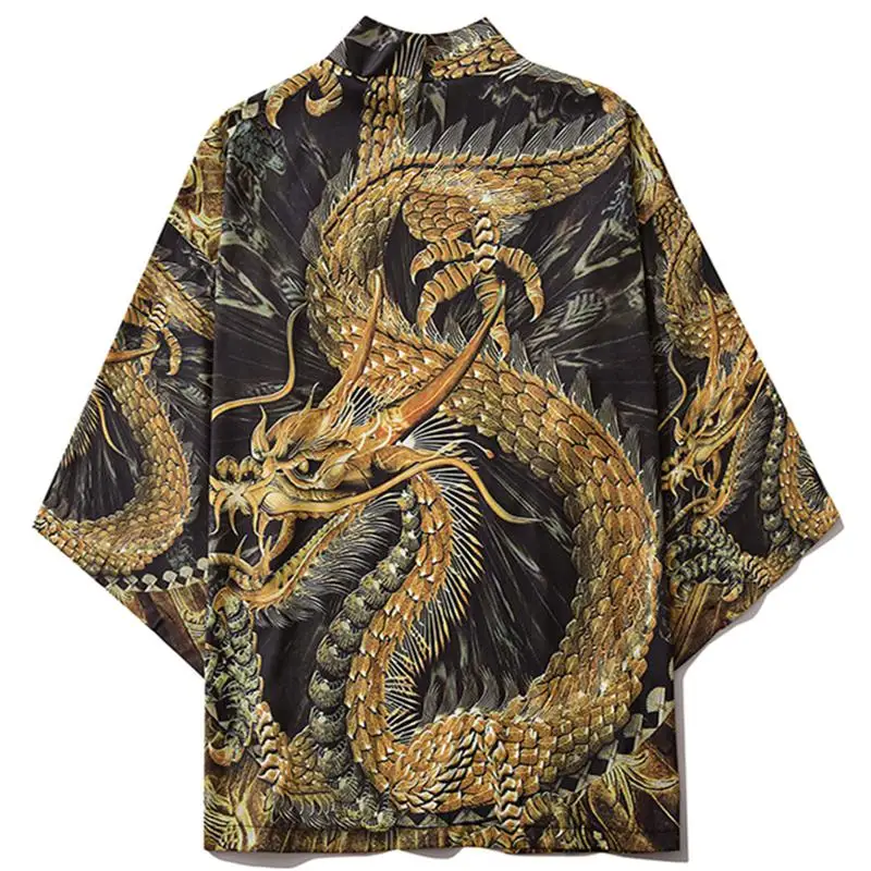 Chinese Style Golden Dragon Kimono Harajuku Men Women Japanese Streetwear Traditional Cardigan Yukata Male Haori Obi Clothes