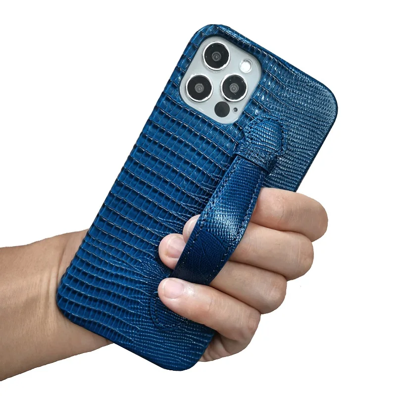 Blue Genuiune Leather Hand Strap Holder Case For iPhone 12 Pro Max 12Pro 5G Phone 2021 luxury cute lizard slim cover accessories