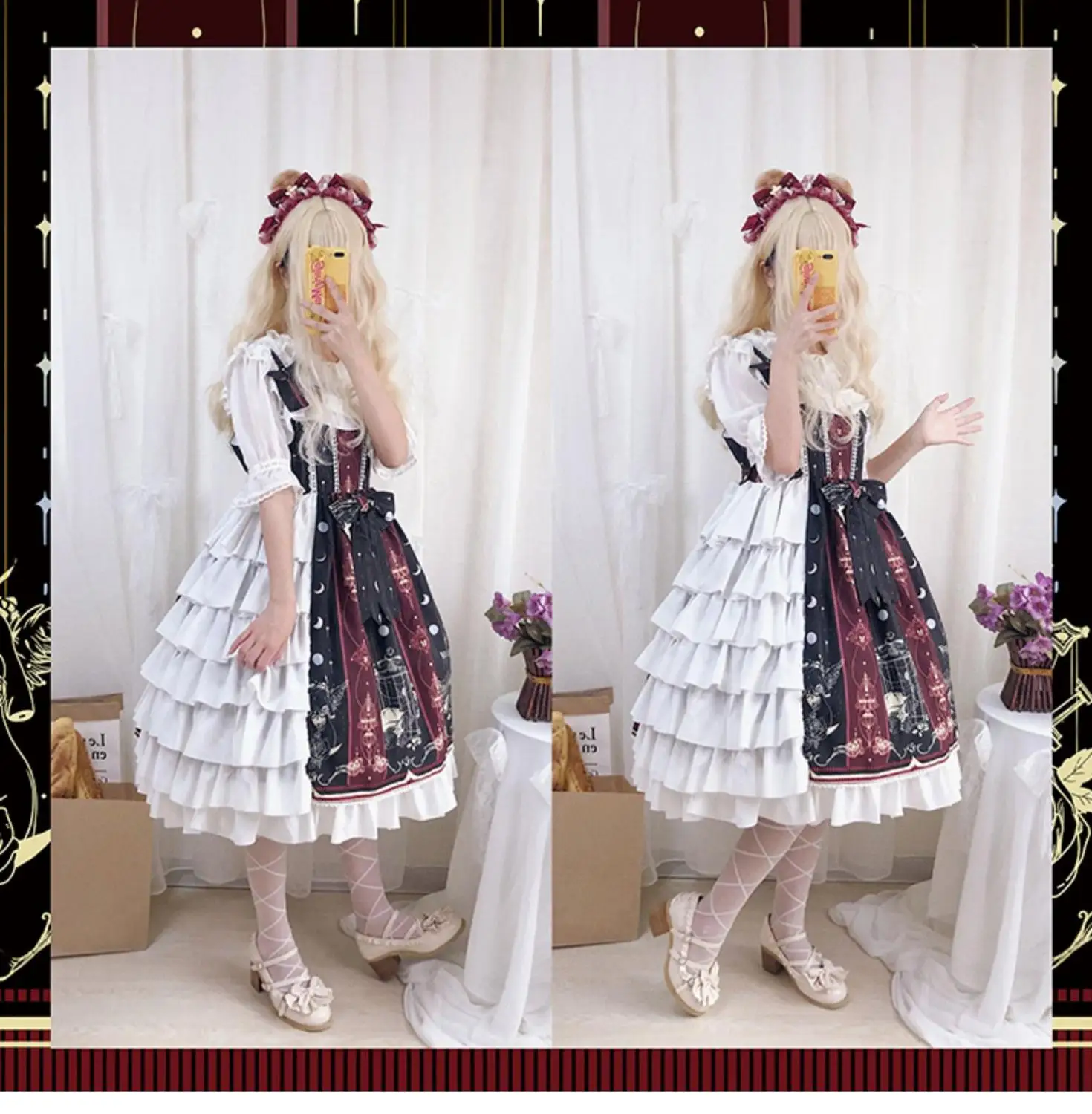 Fresh sweet lolita vintage falbala bowknot cute printing high waist princess victorian dress kawaii girl gothic lolita set loli