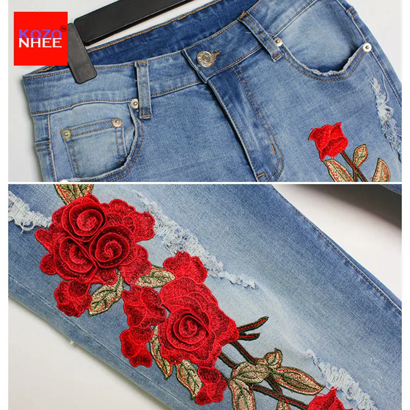 Flowers 3D Torn Jeans With Embroidery Rose Flower Elasticity Jeans Women\'s With  Female