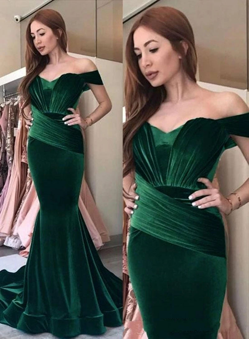 

Dark Green Velvet Mermaid Evening Dresses 2024 Formal Wear Off Shoulder Prom Party Gowns Pleated Long robe de soriee