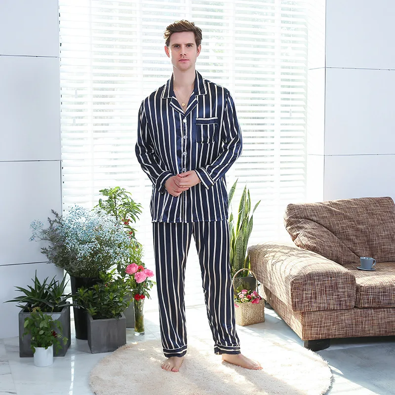 Navy-Blue Striped Nightgown Men Pajama Set Nightwear Sleepwear Home Suit 2PCS Pyjamas Male пижама для мужчин