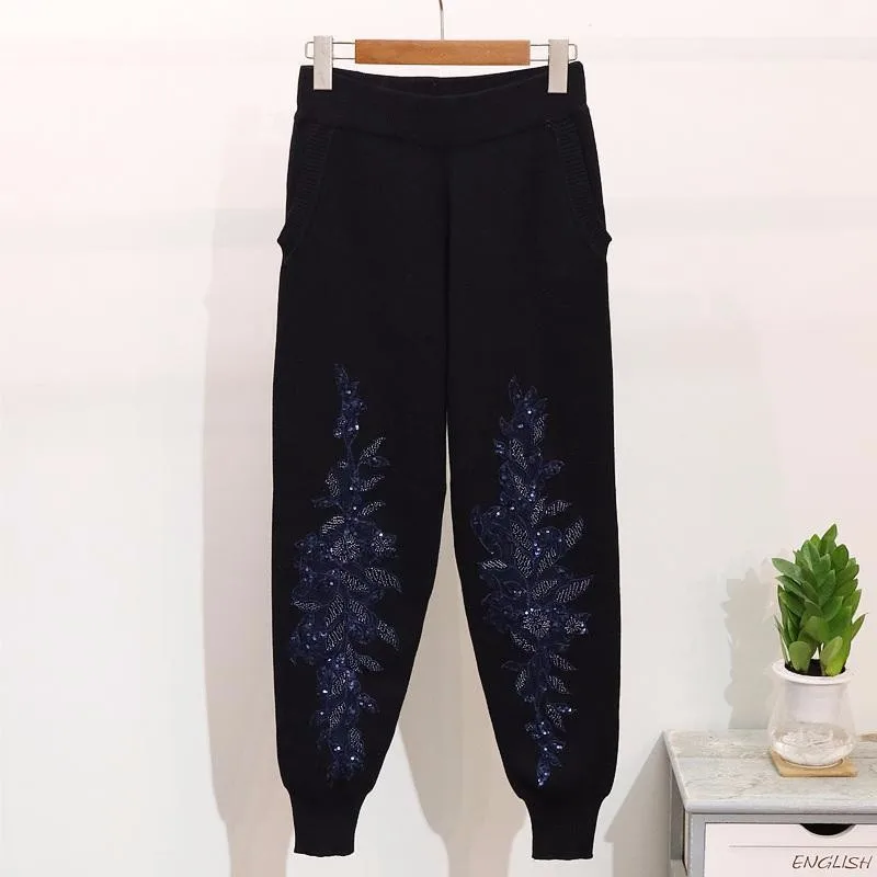 Winter Women's Two-Piece Fashion Embroidered Sequin Flowers Harajuku Pullover Casual Trousers Elastic Waist High-quality Set