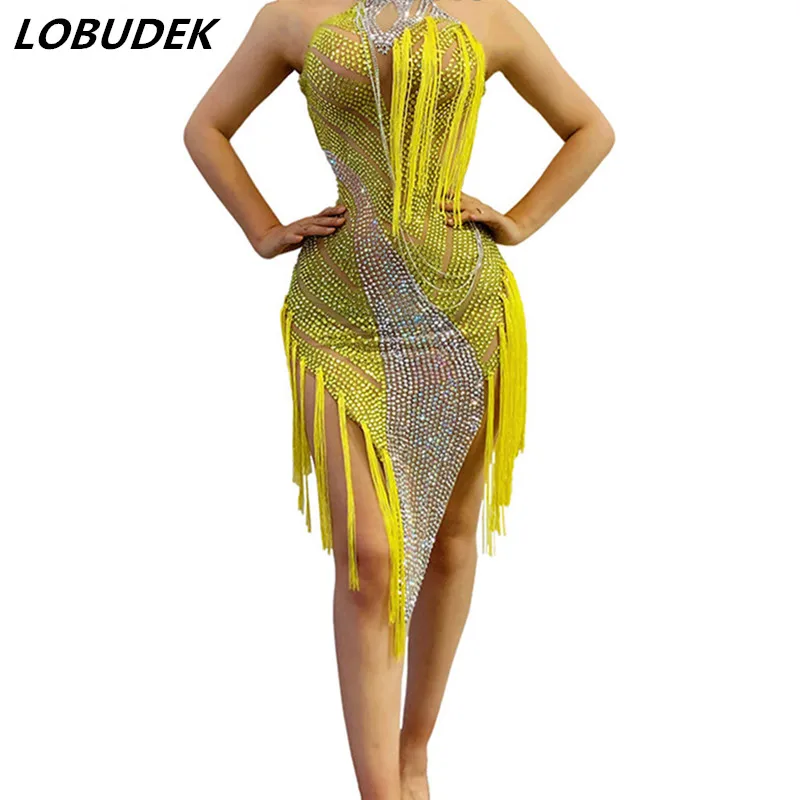 

High-end Yellow Rhinestones Tassel Dress Women Stage Performance Competition Fringe Dance Outfit DJ Pole Nightclub Sexy Costume