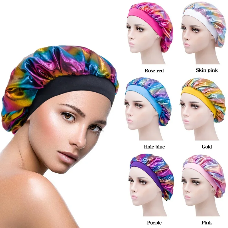 Silk Satin Hair Bonnet Laser Nightcap Adjustable Wide Brim High Stretch Sleep Satin Bonnets