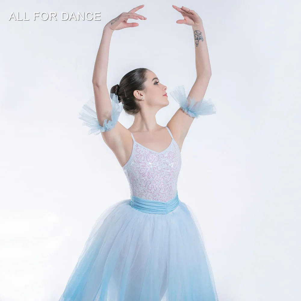 19163 New White Sequin Bodice Gradient Sky Blue Color Tulle Romantic Ballet Stage Dance Long Dress Performance Dancewear