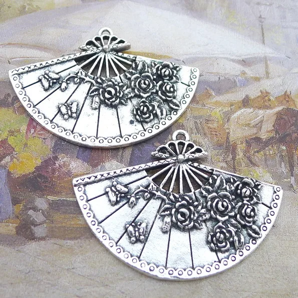 2pcs/Lot 55x39mm Flower Fans Charms Pendant Zinc Alloy Fan Charm Vintage Jewelry Findings Accessories