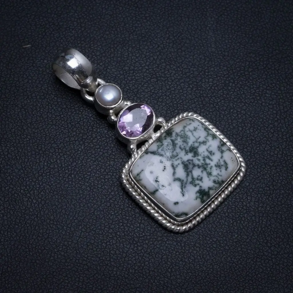 

Natural Moss Agate,Amethyst and River Pearl Indian 925 Sterling Silver Pendant 1 3/4" T0222