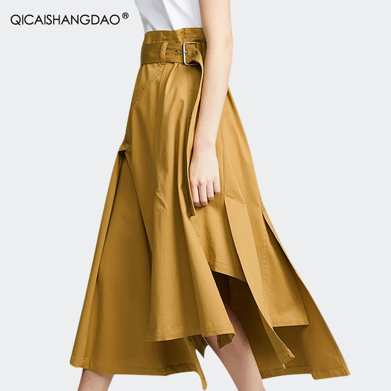 Fashionable Ladies Skirt Yellow Irregular Long Slim Pleated 2020 Autumn New High Waist A-Line Split High Street Skirt With Belt