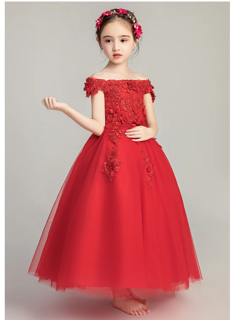 Off Shoulder Red Lace Girl Wedding Party Flower Girl Dress Flower Kids Princess Pageant Gowns Girl First Communion Baptism Gown