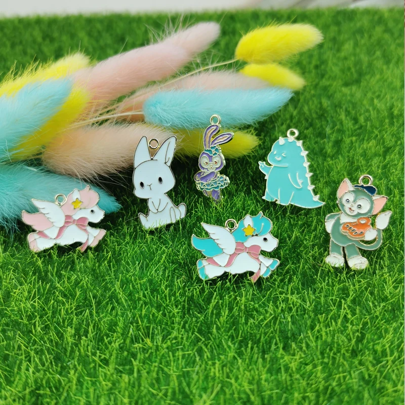 10pcs Cartoon Bunny Monkey Dinosaur Unicorn Enamel Charms Aniamls Alloy Pendants Craft DIY Earrings Necklace Jewelry Accessory