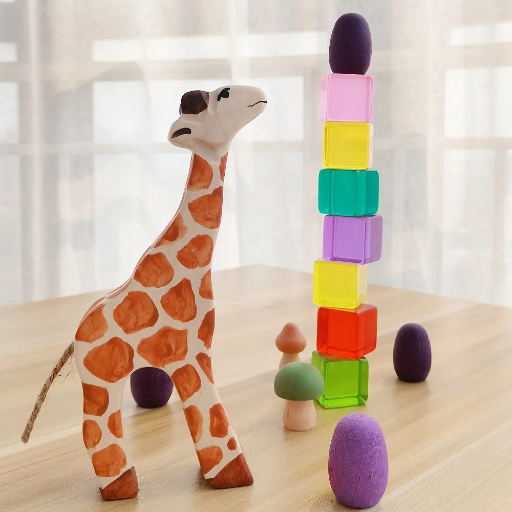 Giraffa in legno naturale Montessori figura fatta a mano grandi animali giocattoli fatti a mano per bambini animali cognizione giocattolo educativo precoce