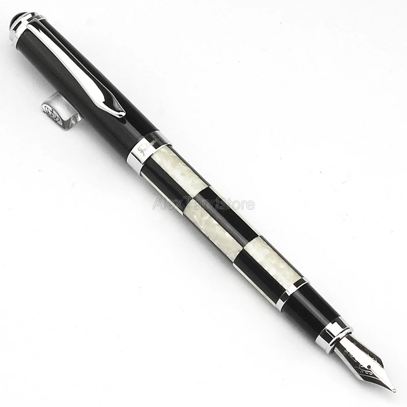 Fuliwen Celluloid High Grade Fountain Pen Medium Nib 0.7mm , Black & White Squares Pattern Ink Pen For Writing Gift Pen