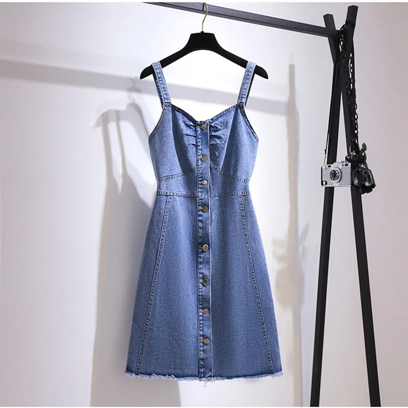 

Oversized Women Denim Sleeveless Dress 2022 Summer Casual Jean Spaghetti Strap Dresses Ladies Overalls 2XL-6XL Y232