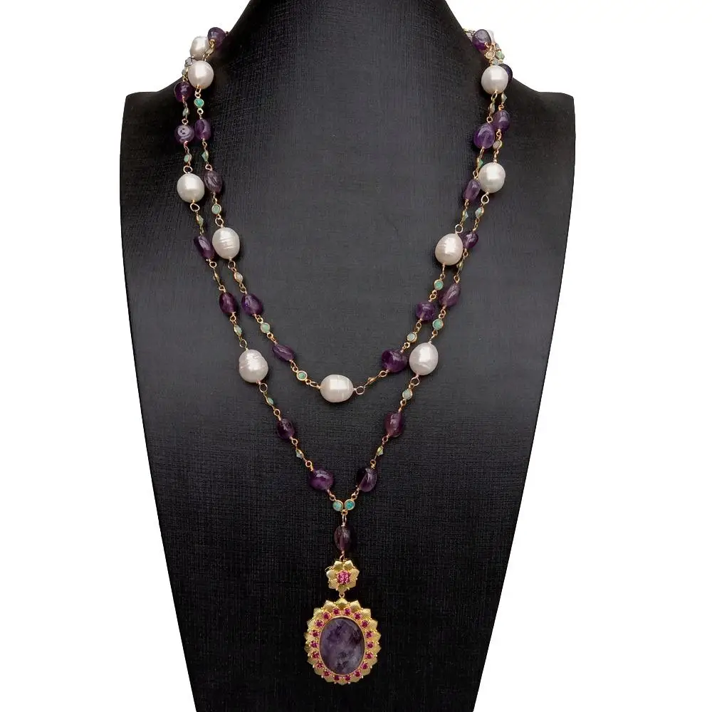 YYGEM 2 Strands Natural White Freshwater Pearl Purple Amethyst Amazonite nugget Chain Necklace Amethyst Pendant 21
