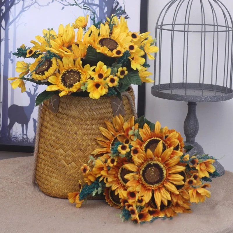 

Simulation 12 Heads Sunflower Bouquet Silk Flower Home Living Room Decoration Fake Flowers Wedding Bouquet Photography Props