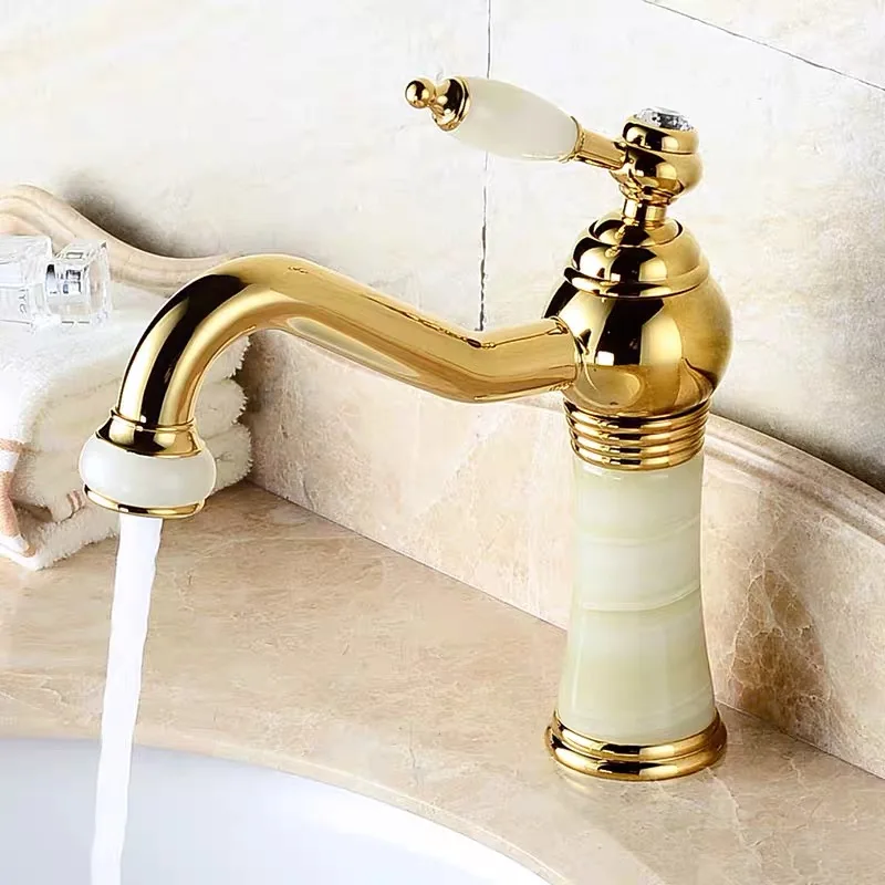 Bathroom Faucets Gold Brass Single Handle Bathroom 360 Rotate Basin Tap With jade Cold Hot Water Sink Crane Mixer Taps Torneira