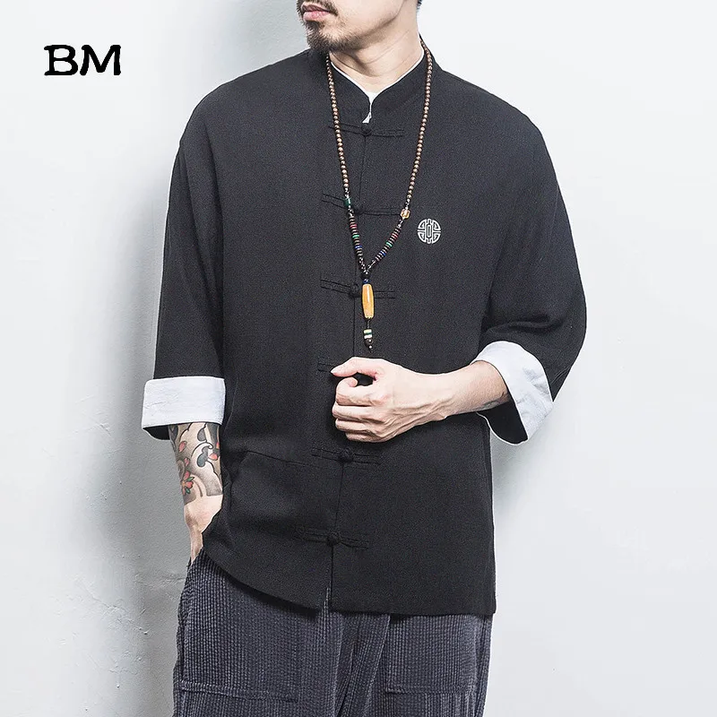 Chinese Style Shirt Ancient Style Wu Dang Clan Cotton Linen Buckle Short Sleeves Men Solid Color Tang Suit Summer Clothing