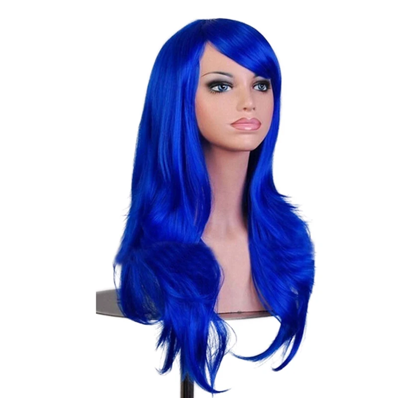 Soowee Wavy Long Blue Gray Cosplay Hair Synthetic Wigs Hair Pink Wig with Bangs for Women Fake Hairpieces