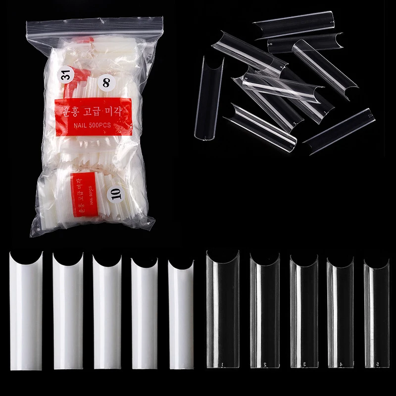 500 Pcs/bag Extra-Long False Nail Tips C Curved Full Cover Fake Nail Tip Clear Nature Acrylic Nails DIY Salon Manicure Supply