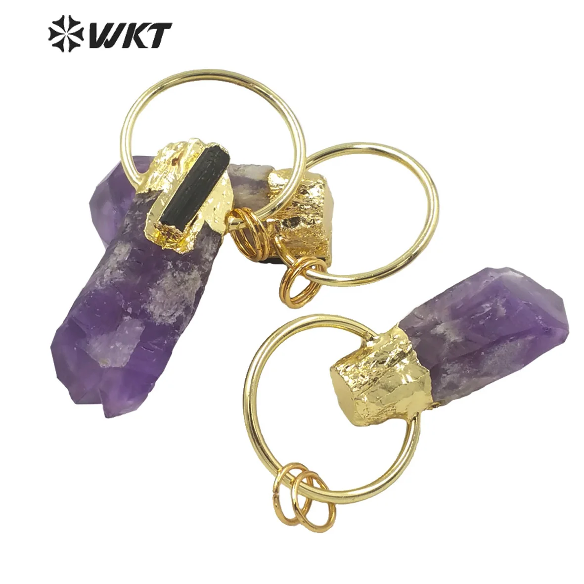 WT-P1624 WKT Wholesale Irregular Purple Stone Pendant With Black Tourmaline Luxury A-methyst Big Ring Necklace Pendant