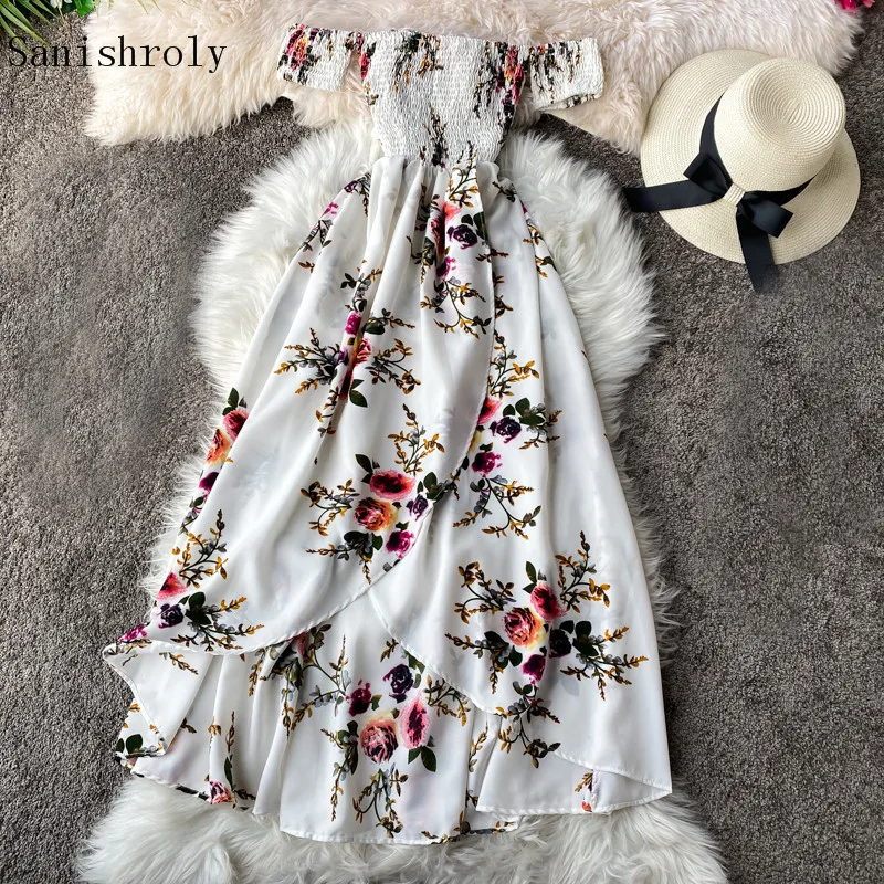 Summer Slash Neck Strapless Irregular Bohemian Dress Female Long Split Floral Print Dresses Women Holiday Beach Dresses Vestidos