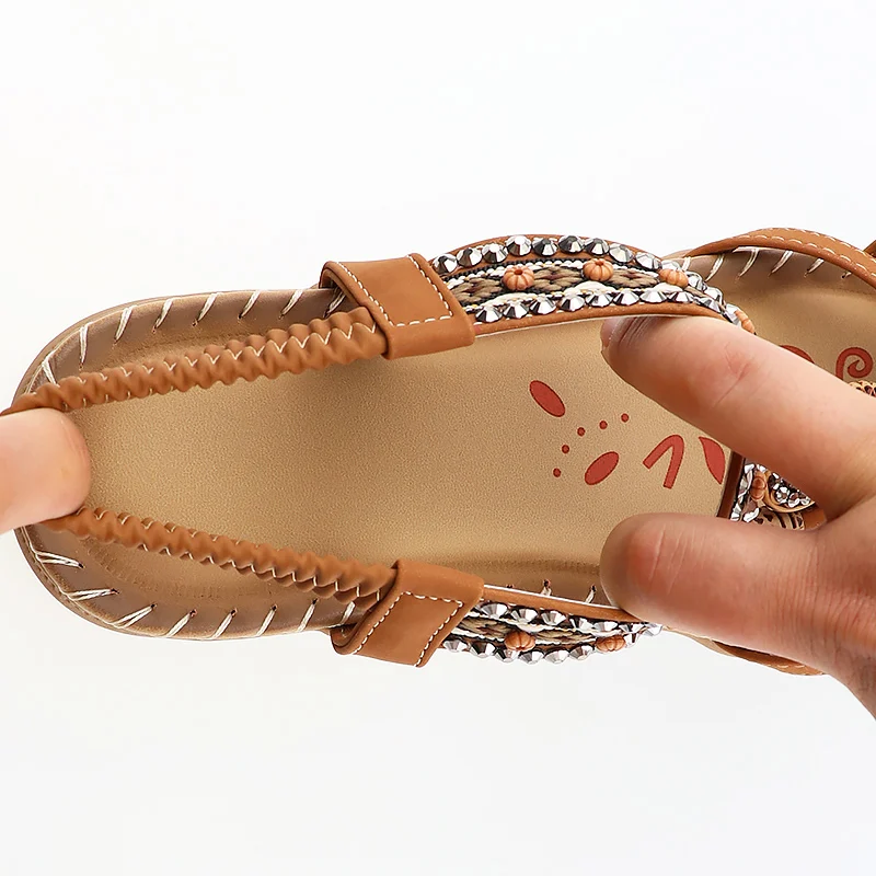 Retro ladies sandals fashion flowers stitching summer rhinestone shoes elastic band  platform  open toe outer wear