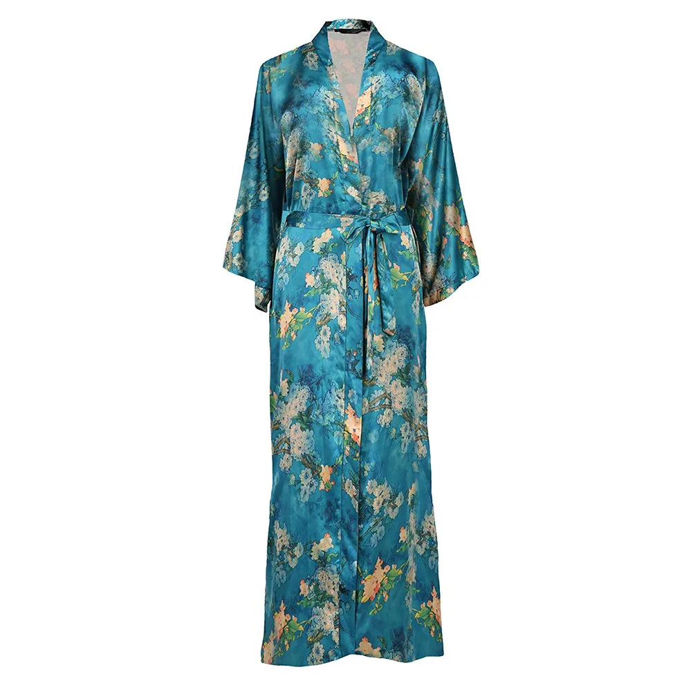 Blue Ladies Night Kimono Bathrobe Gown Oversize 3xl 4xl Novelty Wedding Robe V-neck Half Sleeve Sleepwear For 100kg-120kg Women