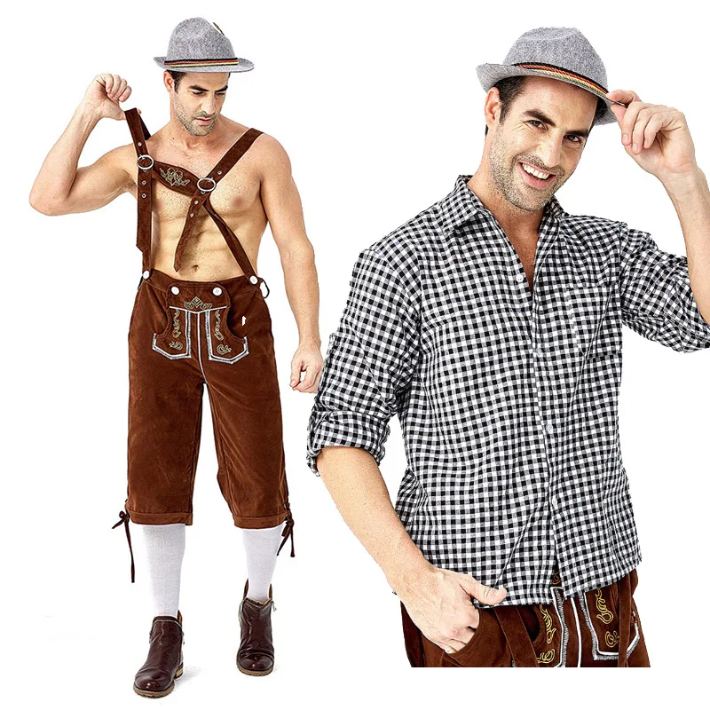 Men Carnival Oktoberfest Costume Plaid Shirt Lederhosen Outfit Cosplay Halloween Parade Stage Show Fancy Party Dress