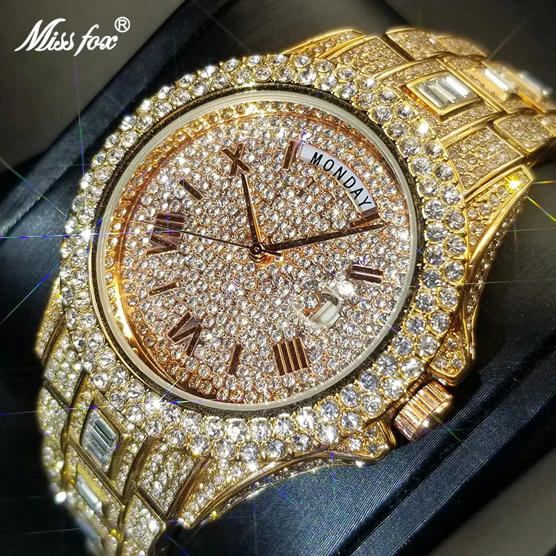 MISSFOX Day Date Men's Watches Top Brand Full Diamond AAA Quartz Watch For Men Hip Hop Style Iced Out Rose Gold Wristwatch 2021