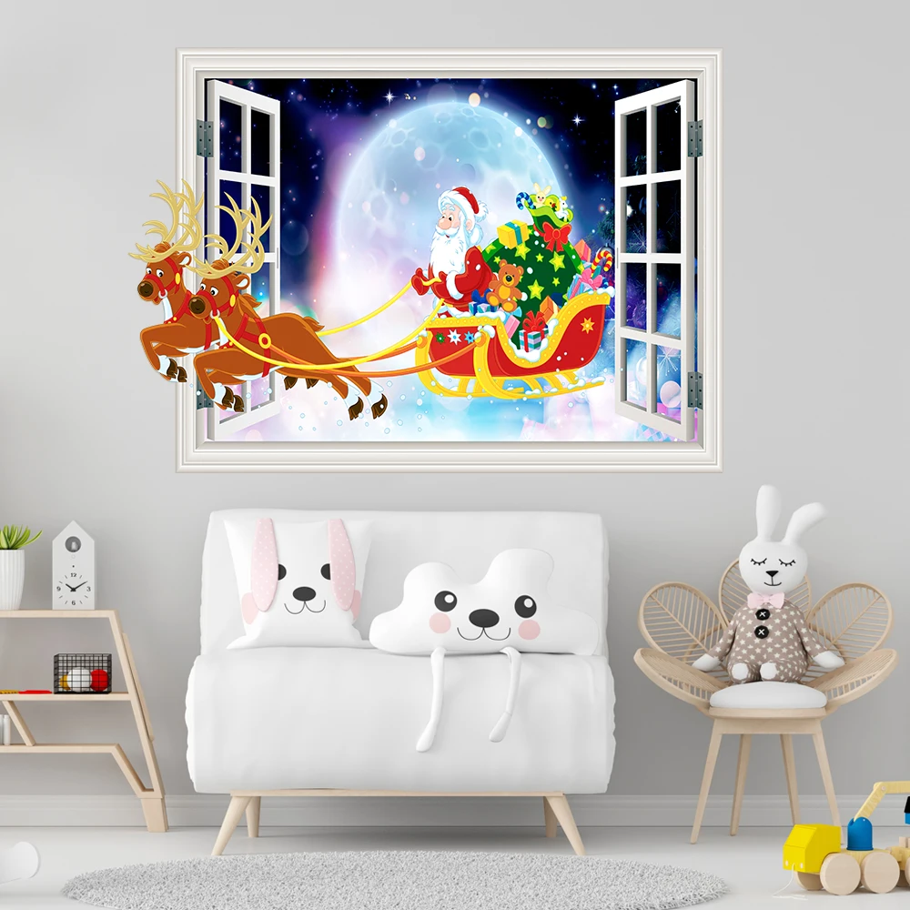 3D False Window Santa Claus Elk Wall Sticker For Kids Baby Rooms Bedroom Christmas Festival Decoration Removable Art Wallpaper