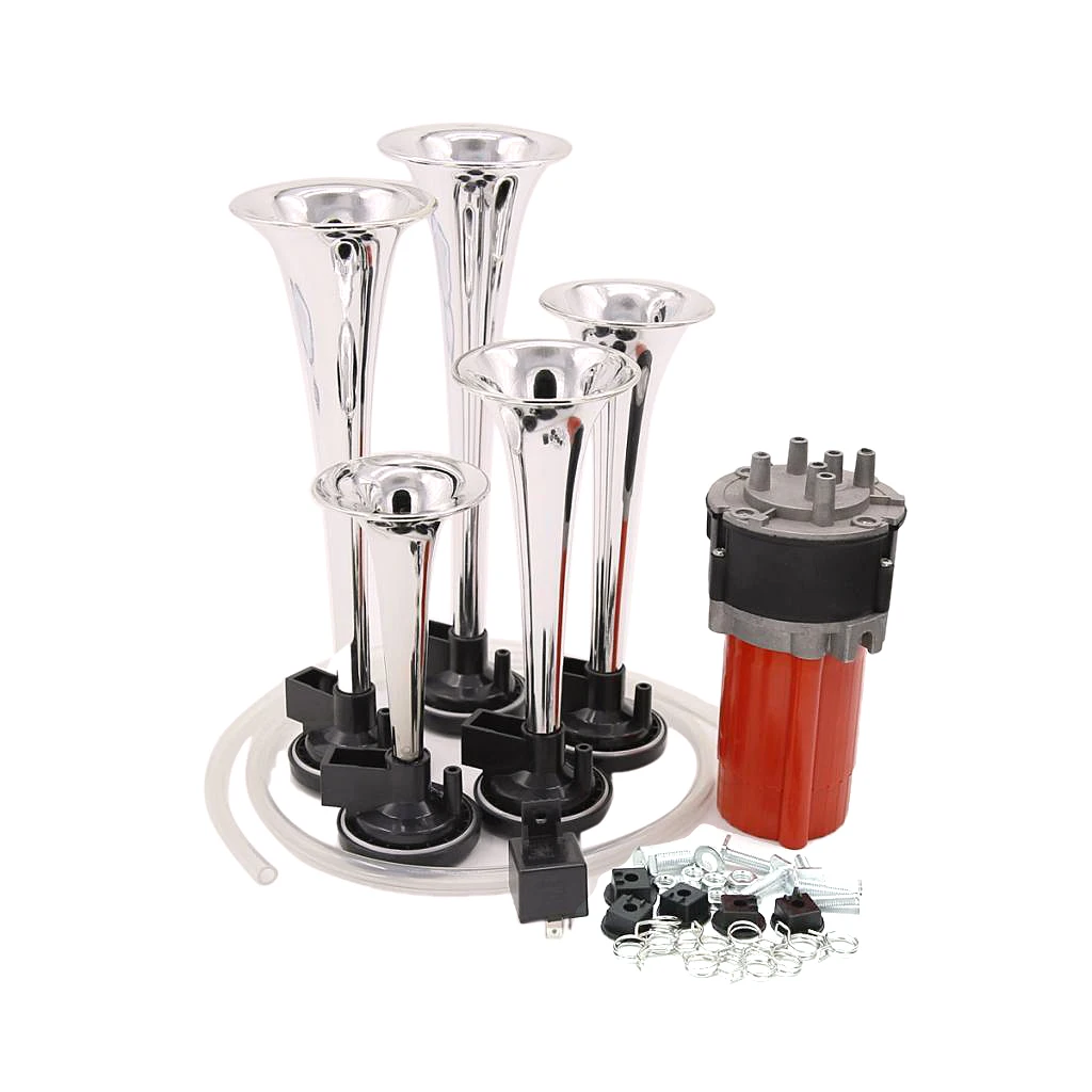 12V 130db 5 Trumpet Musical Jazz Air Horn Kit For Car SUV Truck Van Boat