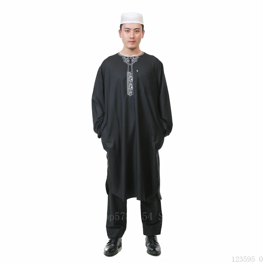 Men Muslim Traditional Jubba Thobe Male Islamic Summer Linen Dubai Top Pants Embroidery Ramadan Solid Embroidery Worship Service