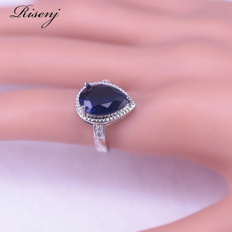 Wholesale Hot sale Blue Stone Big Water Drop Silver Color 925 Costume Jewelry Set For Women Earrings Necklace Ring Set In Shop