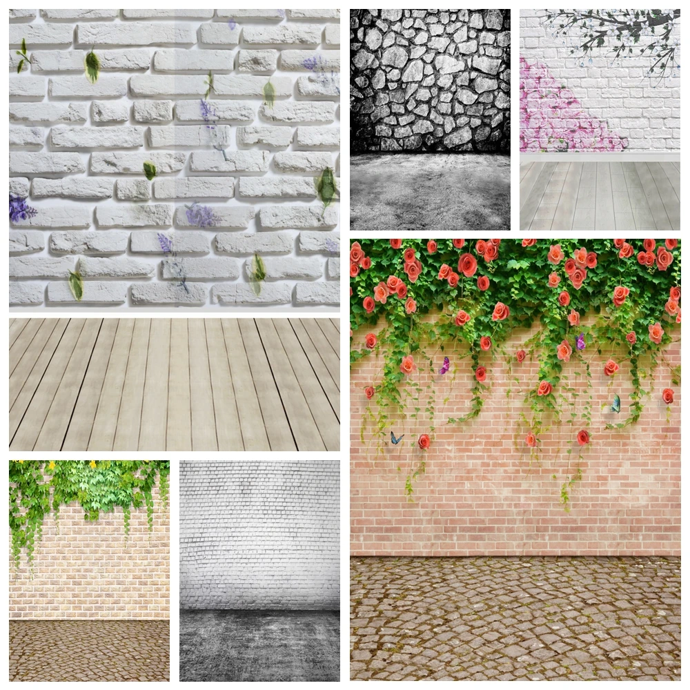 

Laeacco Brick Wall Wooden Floor Flowers Vine Baby Portrait Photography Backdrops Wedding Birthday Backgrounds For Photo Studio