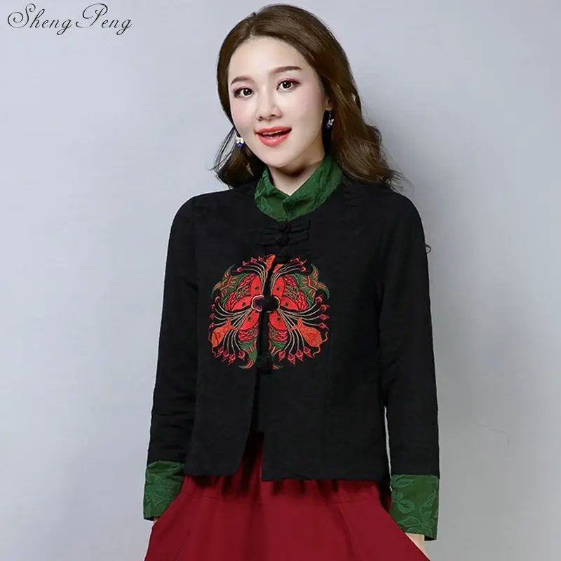 

Traditional Chinese Clothing For Women China Shirt Chinese Style Tops Jacket Cotton Printing Vertical Cheongsam Tops V1734