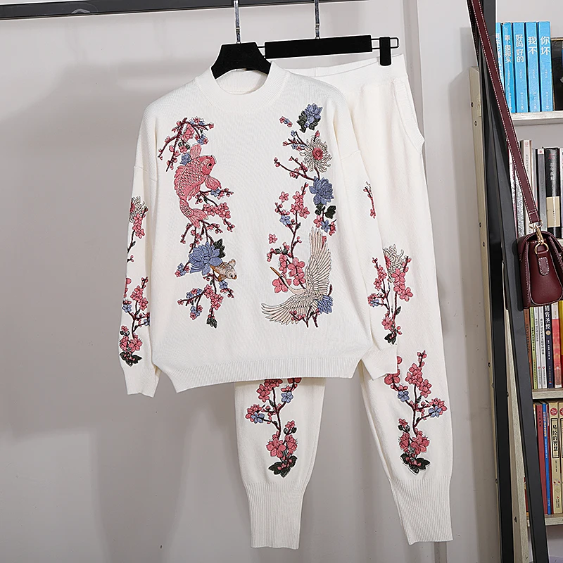 Black White Knitted Tracksuit Set Women Embroidery Flowers Sweater Pencil Pants Two Piece Outfits Female Loose Fashion Knit Suit