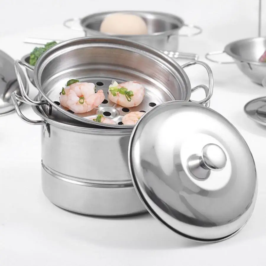 Fashionable Stainless Steel Mini Pretend Pot Children Play House Kitchen  Cooking Food Kitchen Cooking Steam Pot