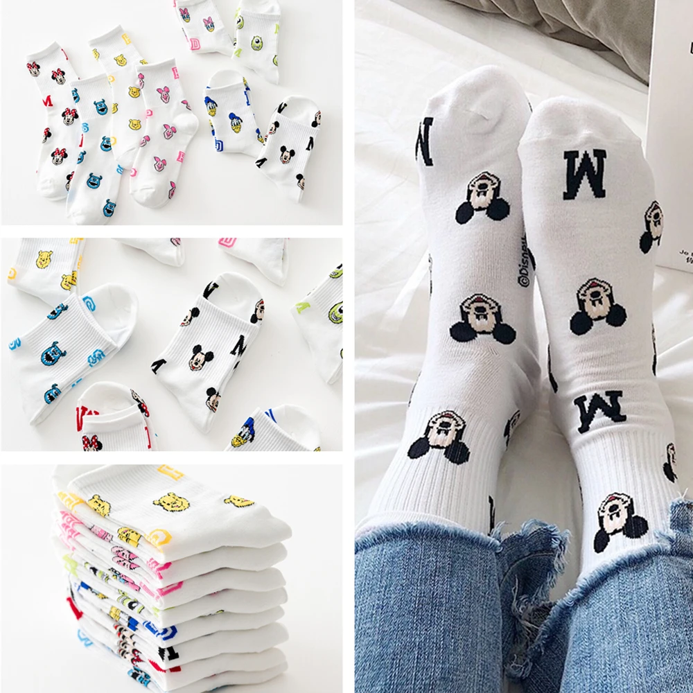 8 Pairs Disney Cartoon Socks Cute Mickey Minnie Daisy Donald Winnie Piglet Print White Funny Harajuku Fashion Kawaii Girl Sock