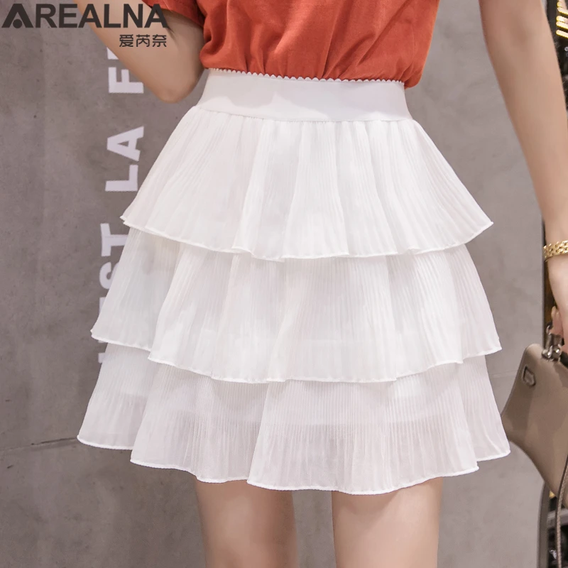 2022 Summer Women Elasticity Waist Mini Skirt Ladies Chiffon Skirt Casual Cake Skirts Femme Polka Dot Pleated Skirts Jupe Femme