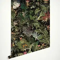 Menagerie of Extinct Animals Wall covering, restrore botanical forest with varies of ancient animals in dark color wallpaper