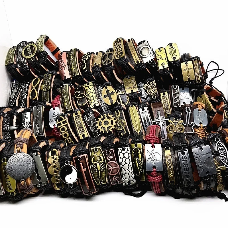 

MIXMAX Wholesale 100pcs Leather Cuff Bracelets For Men Women Copper Alloy Fashion Jewelry Mixed Styles Resizable Party Gift