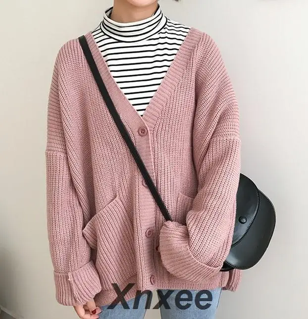 

2019 Korean Women Sweater Cardigan Double Pocket Design Female Knitted Cardigan Knit Sweater Autumn Winter Tops Xnxee