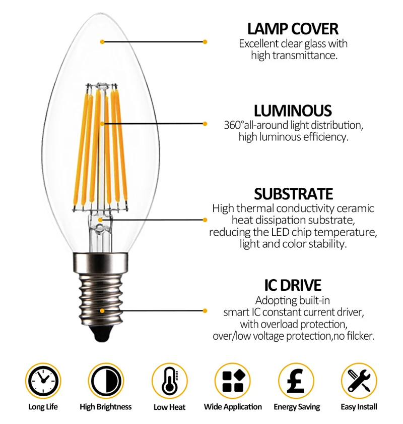 E14 LED Filament C35 Lamp C35L Dimmable Glass Candle Bulb AC 220V 240V 4W 8W 12W Replace 20W 40W 60W Halogen Light Chandeliers