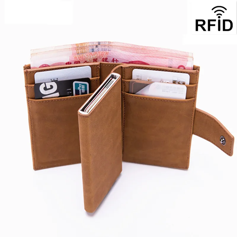 Paquete de tarjetas RFID para hombre, antidesmagnetización, antirrobo, tarjeta de crédito bancaria, billetera automática de cuero PU, funda, soporte