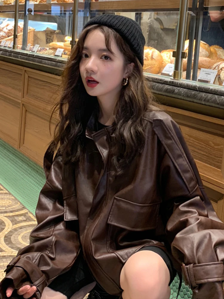 Lautaro Spring Short Oversized Brown Soft Light Faux Leather Jacket Women Long Sleeve Black Loose Autumn Korean fashion 2021