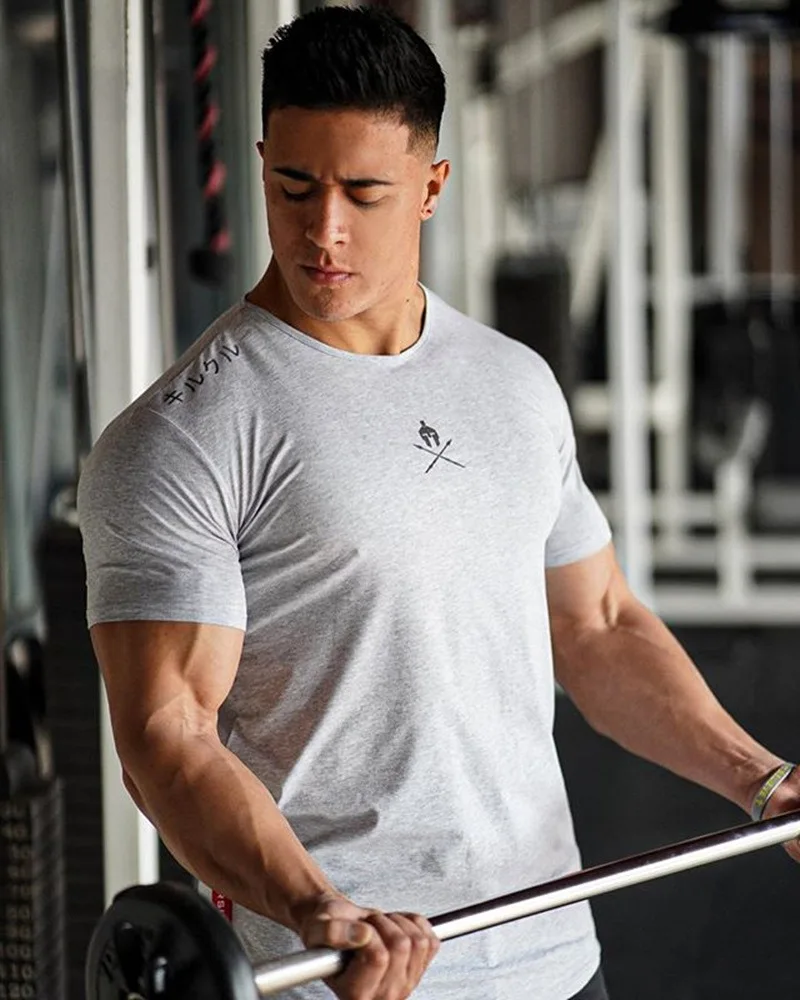 Men T Shirts Fashion Summer Bodybuilding Letter Printed Tshirt Men GYM Fitness Workout O-Neck Show Muscle