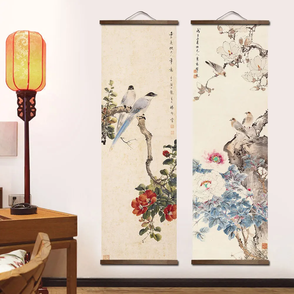 custom chinese style green plants animal bird canvas decorative painting bedroom living room wall art solid wood scroll painting