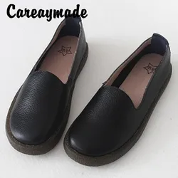 Careaymade-Loafers retro forest one foot single shoe hand-made cow leather shoes soft sole cow tendon flat sole women's shoes